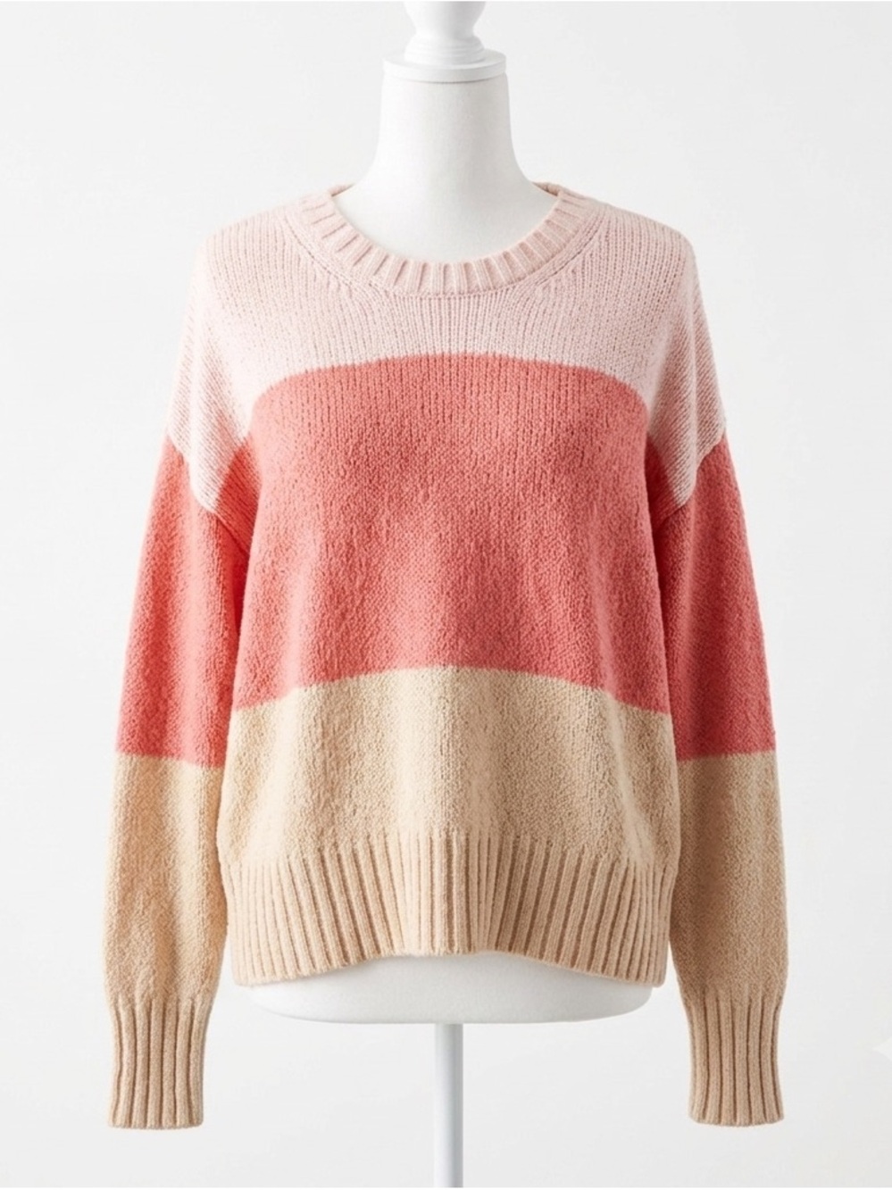AE Colorblock Crewneck Sweater Soft Cozy Pastel Pink Coral Beige Knit Size S